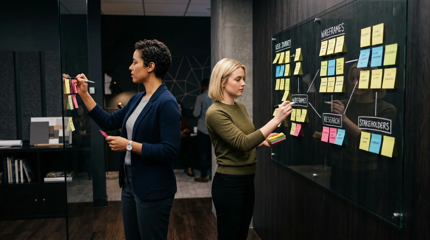 Creative designers organizing sticky notes on a glass workspace wall