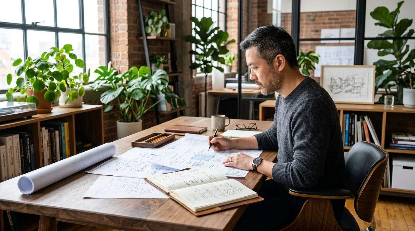 Software architect reviewing paper blueprints at a loft workspace desk