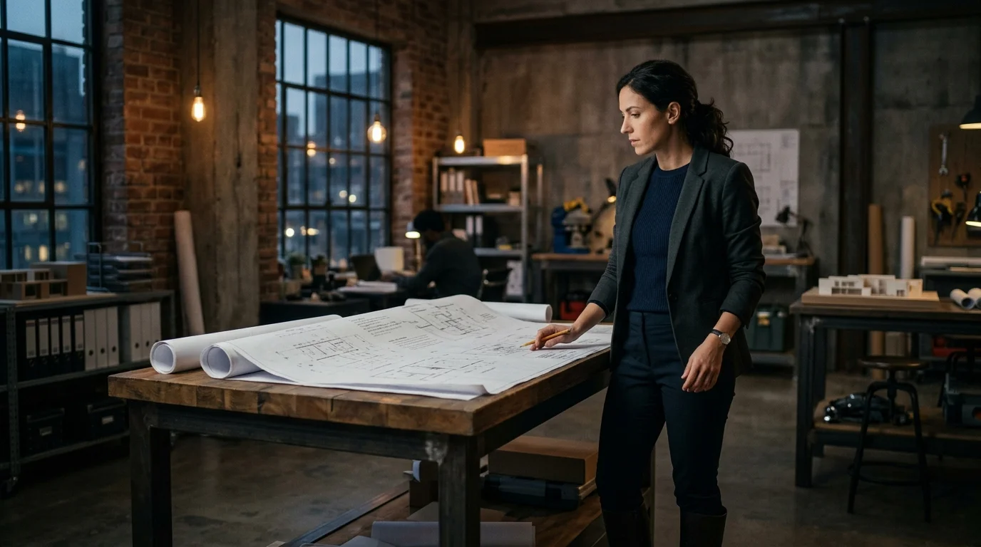 Field supervisor standing near an architectural plan table