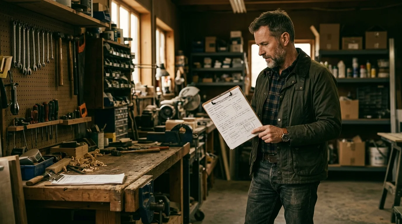 Trades company owner holding a paper work order in a shop office