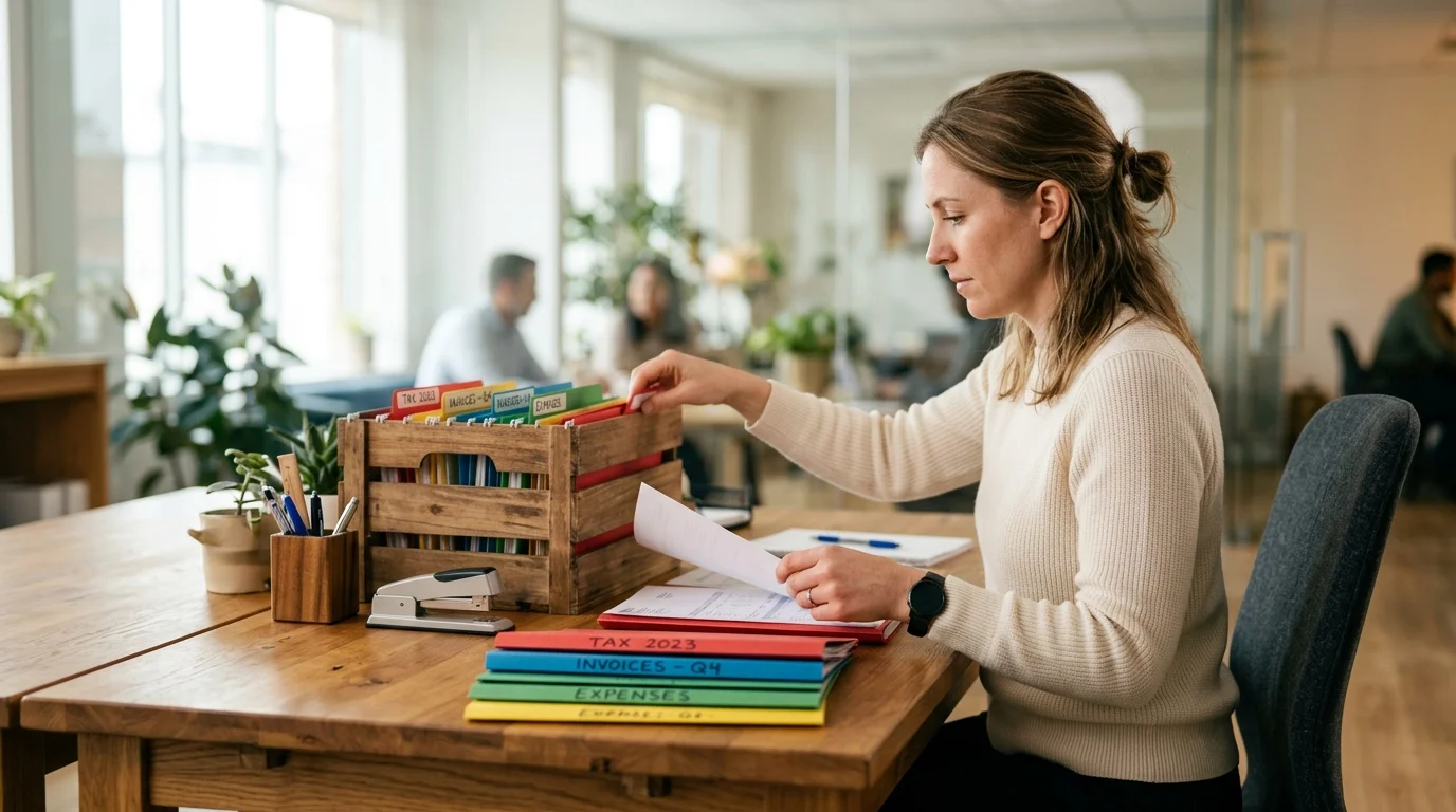 Accounting specialist organizing invoice files at an oak desk
