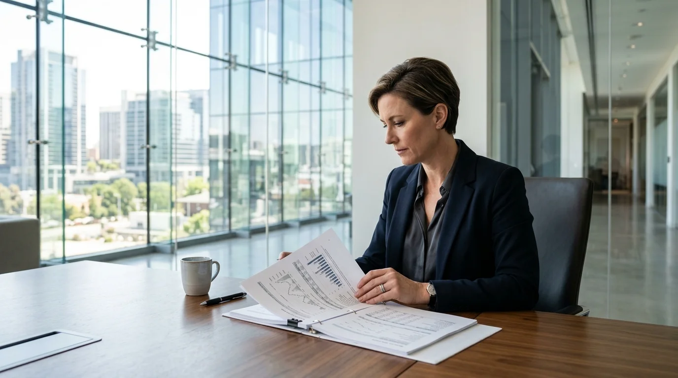 Enterprise operations manager reviewing financial reports in a conference room