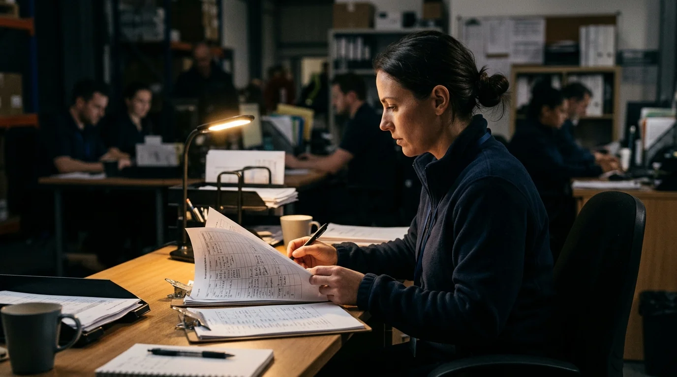 Shift coordinator reviewing shift schedules on paper in a logistics office