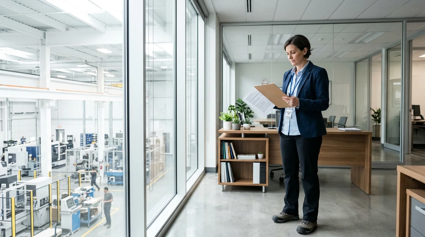 Facility operations manager holding a clipboard in a plant office