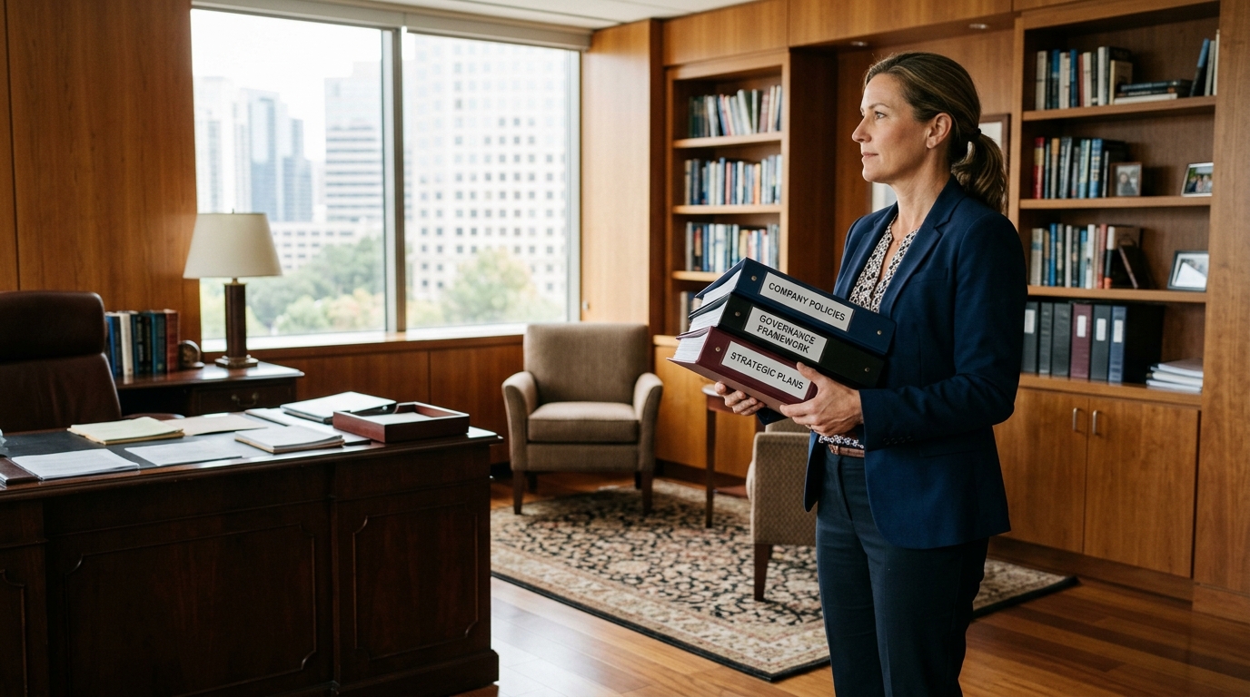 Office administrator carrying a stack of record binders through a wood-panelled office
