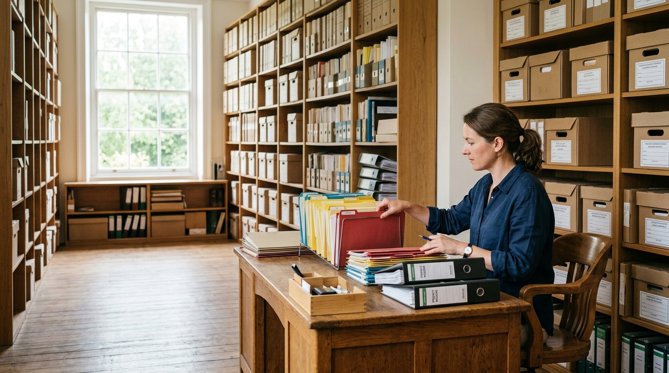 Archivist filing a labelled binder at a desk in front of floor-to-ceiling record shelves