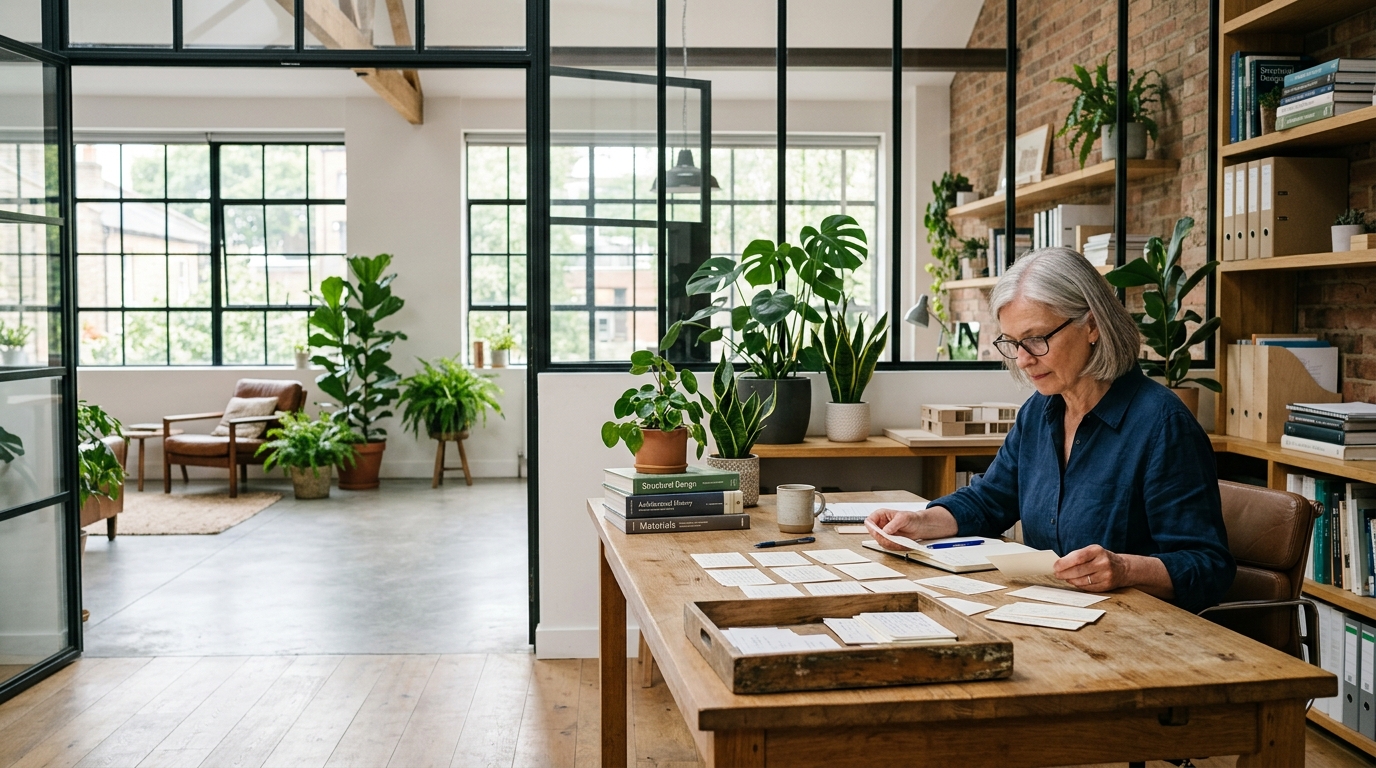 Manager working through paperwork at a desk in a glass-walled office