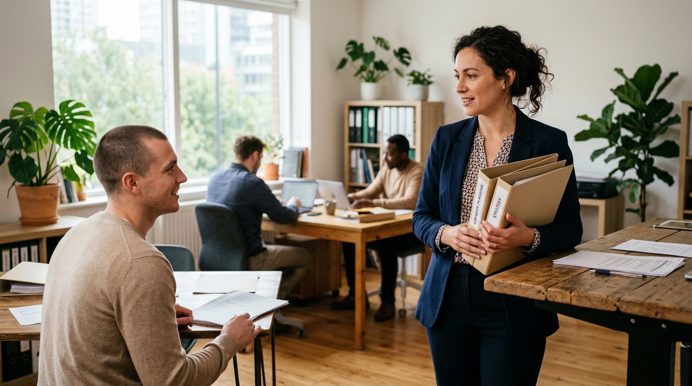 Team lead holding a stack of review folders while talking with a colleague at a desk