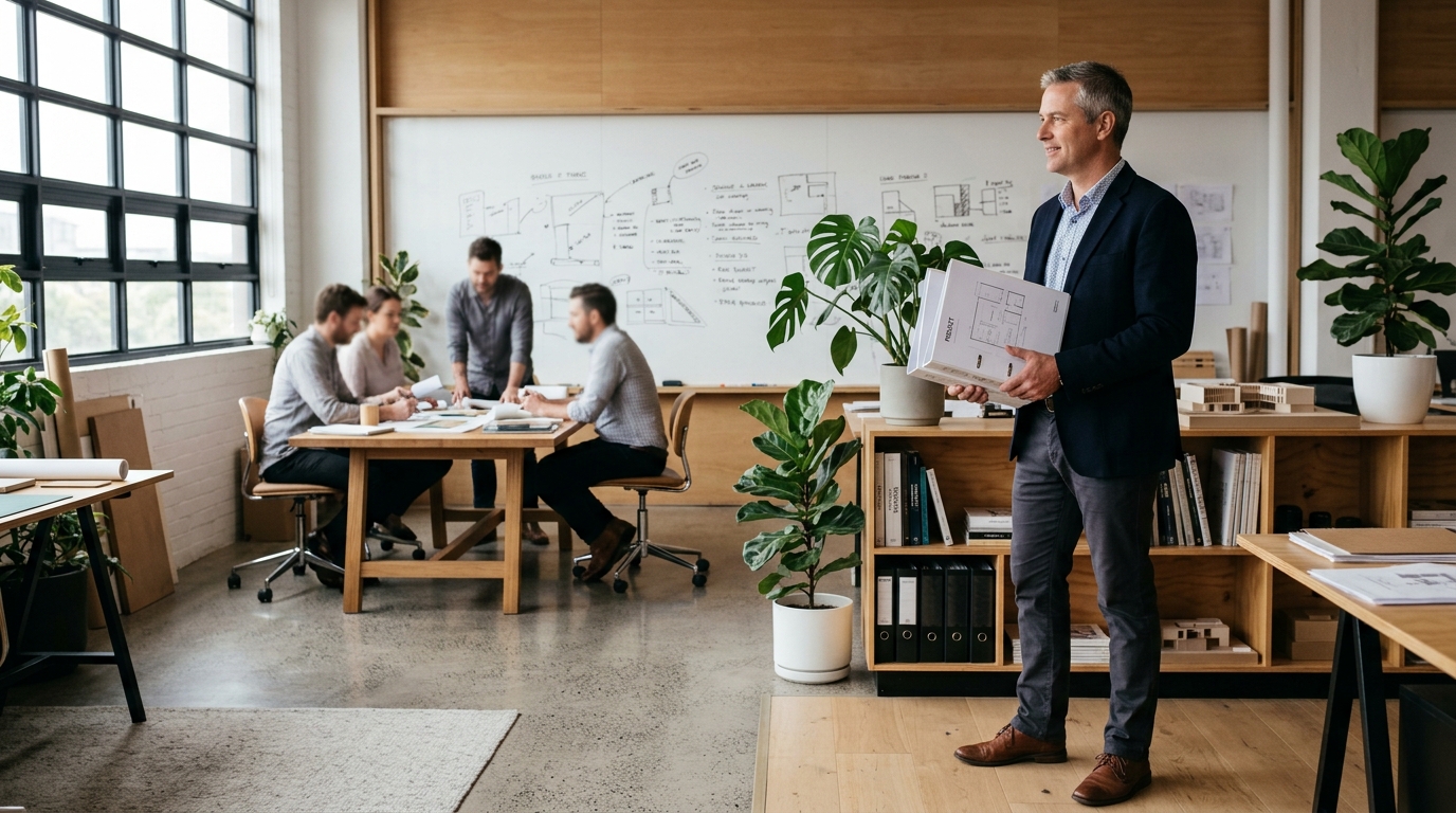 Project manager holding a project plan in front of a whiteboard while the team meets
