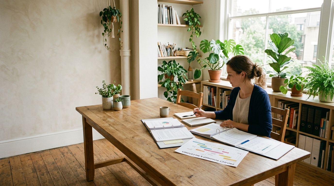 Project manager laying out project plans and charts on a long table by a window