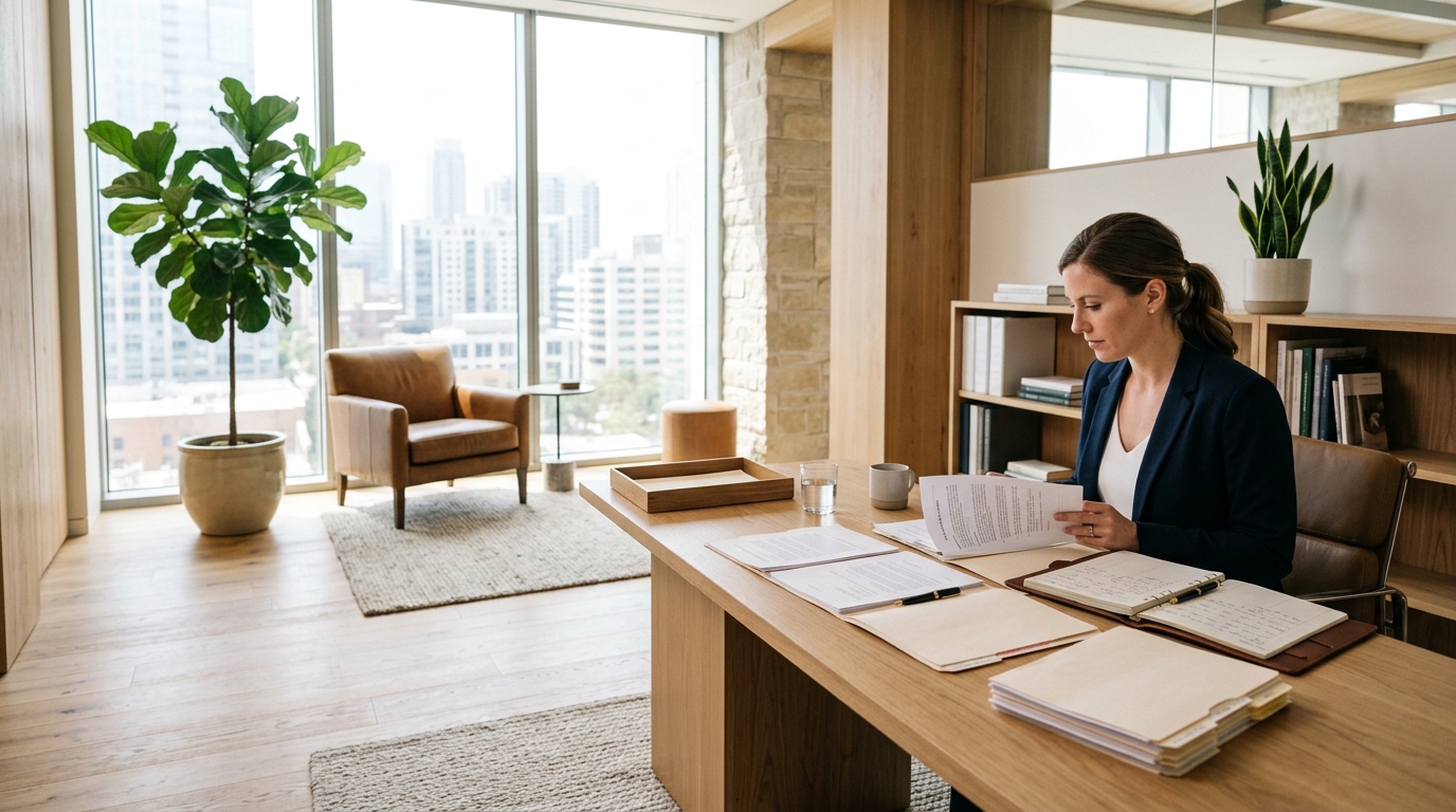 Operations manager reviewing subscription paperwork laid out across a desk