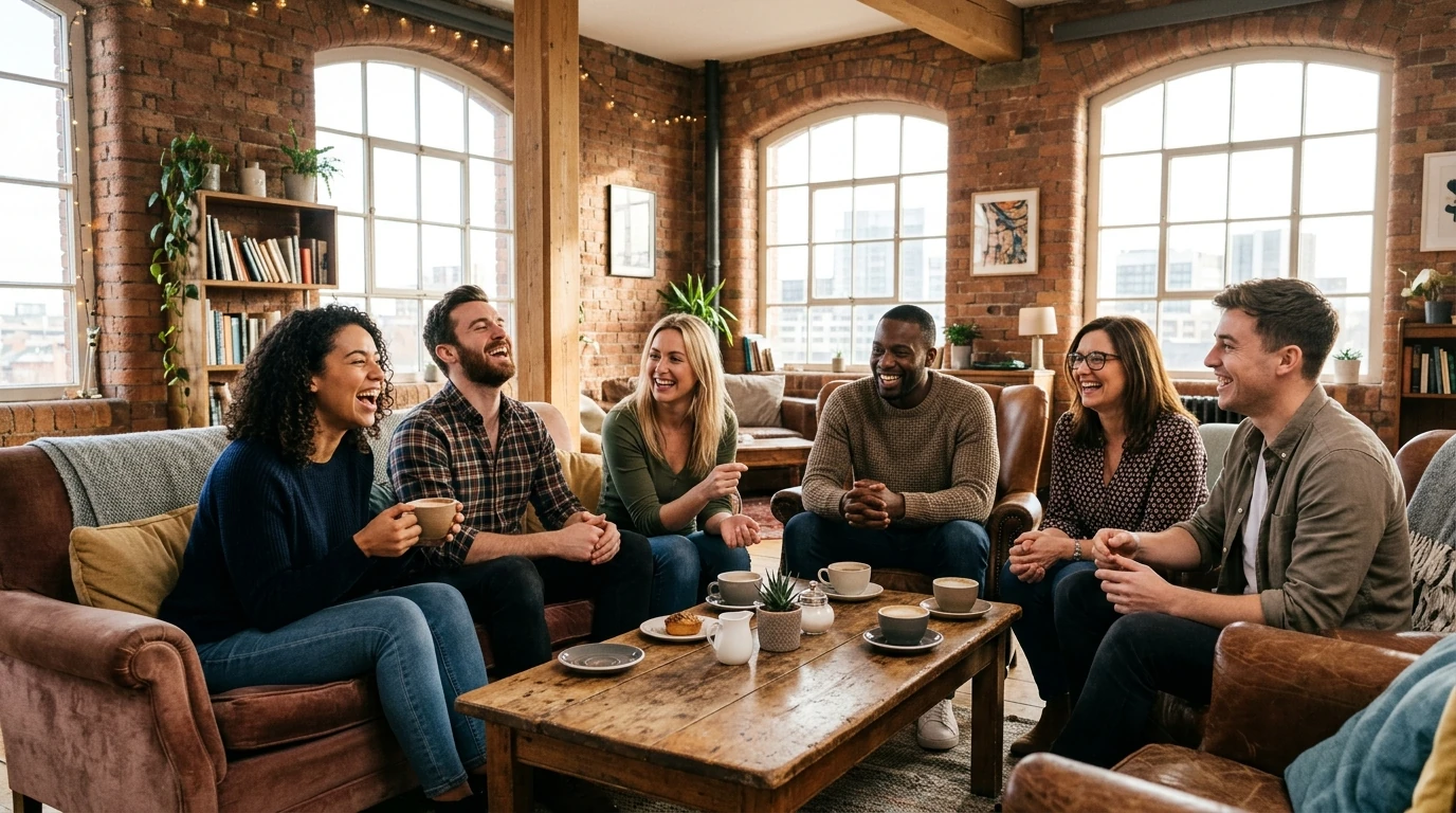 Colleagues enjoying coffee and laughing together in lounge space